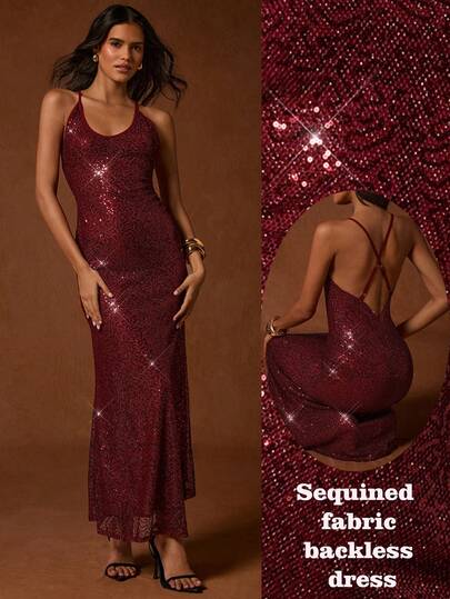 SHEIN Glamour 女士长款亮片连衣裙，亮片吊带裙，酒红色连衣裙