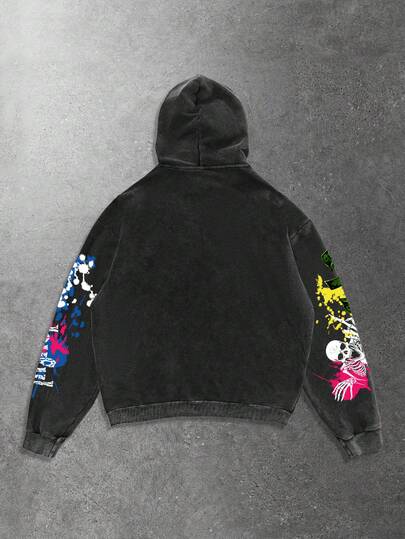 Sweat-shirt à capuche homme mode imprimé flocons de neige noirs sans poches