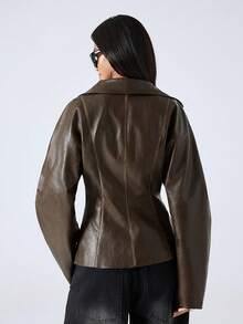 LYSMO 女式纯色长袖拉链腰部收紧 PU 皮革时尚常规夹克 - 棕色 - 查看 2