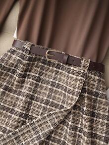 Franclia Fashionable Simple And Elegant Women's Autumn Black Knitted High-Elastic Tight Long-Sleeved Top Women's T-Shirt Bottoming Shirt Paired With French Retro Plaid Fit Skirt Pants Women's Bottoms Women's Skirt With Brown Belt Women's 2-Piece Set Women's Suits Women's Women's Set Women's Autumn Suit Women's Winter Set Women's Suit Skirt Graduation Suit Suitable For Casual Commuting And Versatile Two-Piece Suit Winter Clothes For Women