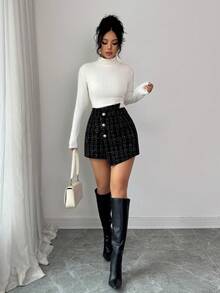 SHEIN Elenzya Elegant Tweed Asymmetrical Button Decor Women Shorts - Black - View 6
