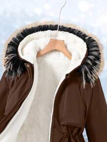 Tween Girl Detachable Faux Fur Collar Cinched Waist Parka Coat With Large Pockets, Suitable For Casual, Commute, School, Autumn/Winter - Coffee Brown - View 7