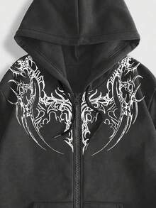 ROMWE MEN Goth 男士休闲时尚街头图案印花拉链抽绳连帽羊毛运动衫，秋冬 - 灰色 - 查看 4