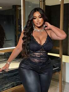 NU&NOW 大码女式细肩带 V 领蝴蝶结荷叶边拼接复古可爱透明蕾丝吊带背心 - 黑色 - 查看 5