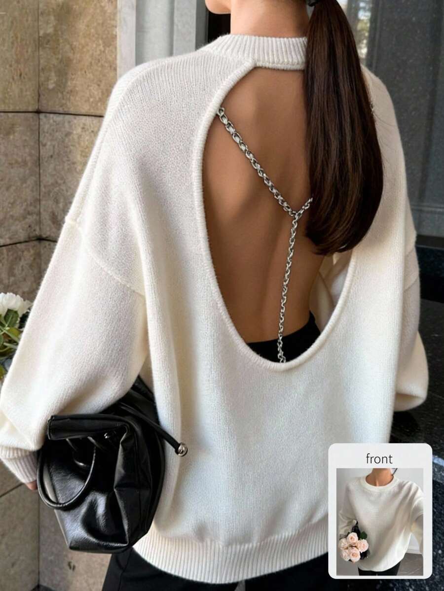 Livesso Áo len dệt kim hở lưng khoét lỗ hở lưng màu trơn đơn giản, thoải mái công sở, thích hợp mặc đi làm, đám cưới, tiệc tùng, sự kiện thời trang - trắng - Xem 1