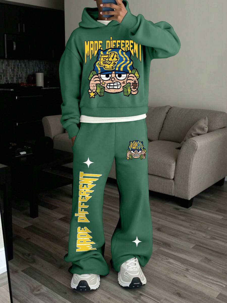 Manfinity EMRG 2 件男士肖像和字母图案印花休闲美式灰色运动裤和连帽衫套装 - 綠色 - 查看 1