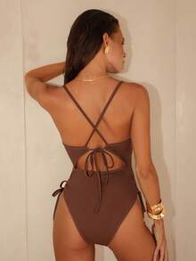 Swim Chiccia Swim Chic Sea-D 女士纯色钢带串珠交叉露背抽绳侧边连体泳衣 - 咖啡棕 - 查看 2
