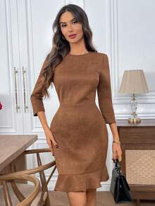 EMERY ROSE 女士纯色圆领七分袖荷叶边下摆优雅短裙 - 棕色 - 查看 5