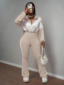 Slaydiva New Early Autumn Casual Simple Daily Dating Sports Style Yoga Suit Small Stand-Up Collar Front Middle Zipper Drop Shoulder White Splicing Light Purple Hem Drawstring Long-Sleeved Top + Purple Flared Trousers Side White Splicing Yoga Pants Knit Suit Women's Two Pieces Suit-B - Apricot - View 6