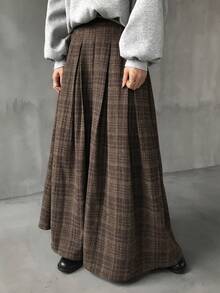 FRIFUL 女士格子百褶喇叭裙，休闲百搭长裙，适合秋冬季穿着 - 棕色 - 查看 3