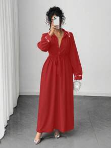 Elenzga 大码优雅通勤连衣裙，配珍珠和水钻装饰 - 紅色 - 查看 3