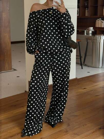 Muchica 女士波点斜肩宽松卫衣运动裤套装，秋冬款