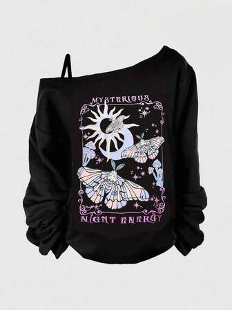 Goth Maglietta a maniche lunghe con stampa gotica di farfalle, sole e funghi, scollo obliquo, per taglie forti, felpa con grafica autunnale per donne taglie forti, casual, scollo obliquo, maniche lunghe, adatta per pendolarismo, ritorno a scuola, uso quotidiano