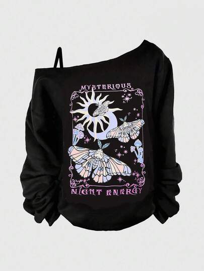 Goth Tee-shirt manches longues grande taille avec imprimé gothique oblique d'épaule, papillon, soleil et champignon. Sweat-shirt-shirt grande taille imprimé pour l'automne. Top grande taille à manches longues et épaules obliques, idéal pour le travail, l'école et le quotidien