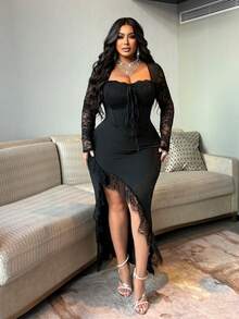 NU&NOW 大码女式黑色方领蕾丝拼接系带性感优雅开衩长袖连衣裙，适合约会、通勤、派对、度假、春秋冬装。 - 黑色 - 查看 4