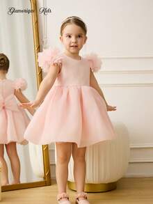Glamorique Kids 女孩生日派对婚礼花童礼服，无袖圆领柔粉色花裙，优雅天鹅绒缎面蓬松公主裙，腰带和 3D 蝴蝶结 - 粉色 - 查看 3