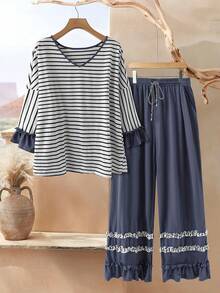 Rusticease Conjunto de camiseta con volantes en el bajo y pantalones con volantes y bolsillos, a rayas y en patchwork, para mujer talla grande, para otoño/invierno - Multicolor - Ver 4