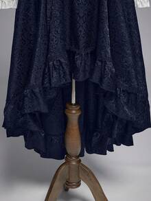 ROMWE Goth Women's Vintage Palace Dark High Waist A-Line Jacquard Patterned Front Short Back Long Skirt - Navy Blue - View 9