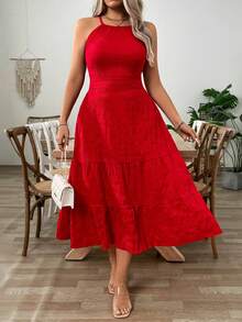 SHEIN Clasi Plus Size Women Solid Color Waist Ruffle Hem Halter Maxi Dress - Red - View 5
