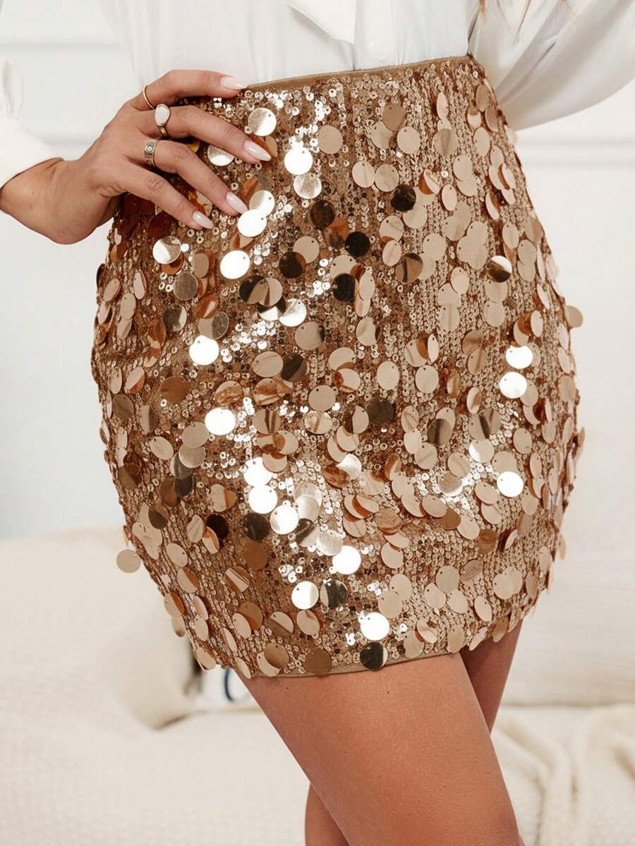 SHEIN Clasi Váy mini bodycon sequin lấp lánh màu trơn quyến rũ dành cho nữ - màu nâu - Xem 1