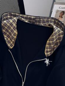 EMERY ROSE Fashionable Casual Style Long Sleeve Plaid Collar Zipper Letter Print Sweatshirt For Women - Navy Blue - View 3