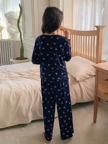 Dazy Kids Tween Girl Butterfly Print Long Sleeve & Pants Pajama Set - Navy Blue - View 3