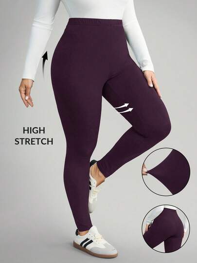 Comfylo Plus Size Women High Waist Solid Color Skinny Elastic Leggings
