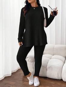 Lounesse 2pcs Plus Size Women Cozy Ribbed Texture Casual Long Sleeve Top & Pants
