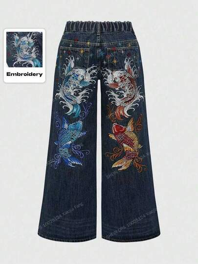 J-Fashion Unisex Retro Hip Hop Subculture Carp Floral Embroidery Loose Wide-Leg Jeans