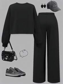 SHEIN Explorewe Cozy Fall & Winter Styles Casual Fashion Creative Personalized Fresh Minimalist High-End Pink Bow Decor Letter Slogan Graphic Print Casual Cropped Sweatshirt And Straight Leg Pants Set, Comfortable Outfit For Teen Girl Y2k Outfit Girld Outfit Set That Girl 2 Pieces Set Bow Outfit Girl Y2k Outfit Set - Black - View 2