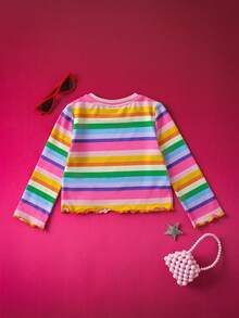 THE POWERPUFF GIRLS X SHEIN 小女孩可爱卡通花朵、泡泡、毛茛图案彩色条纹圆领长袖针织T恤 - 彩色 - 查看 3