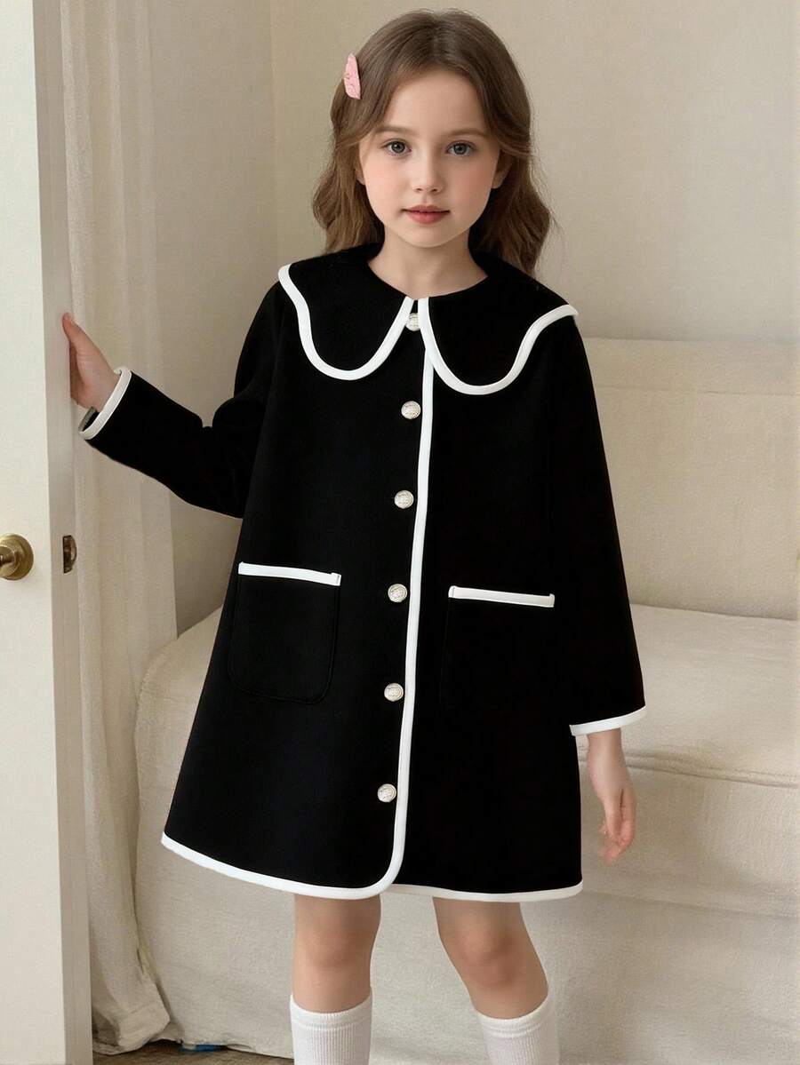 Elladie kids 1件女童舒适休闲优雅撞色领纽扣前袋长袖外套,适合秋冬季日常穿着 - 寶藍色 - 查看 1