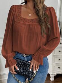 EMERY ROSE Plus Size Solid Color Square Collar Casual Long Sleeve Shirt - Redwood - View 1