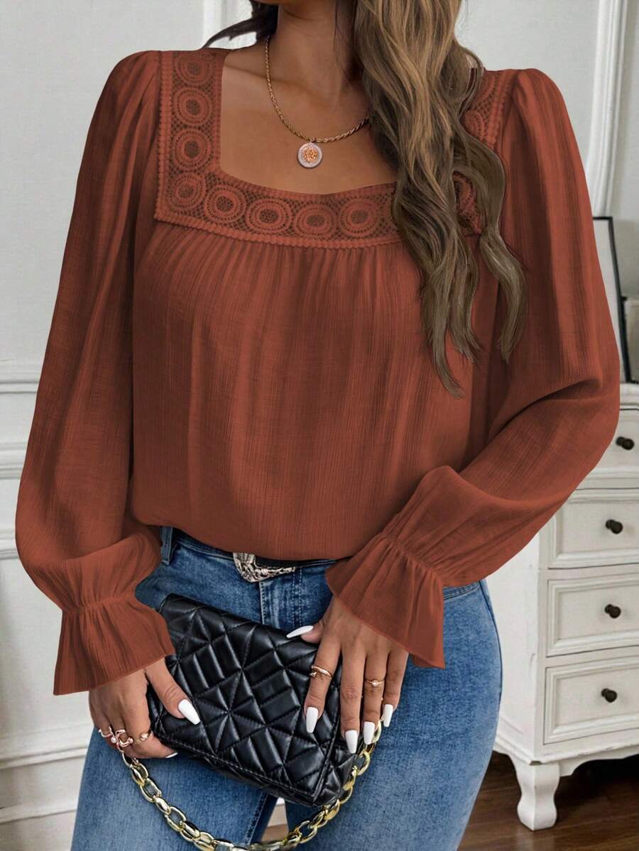 EMERY ROSE Plus Size Solid Color Square Collar Casual Long Sleeve Shirt - Redwood - View 1