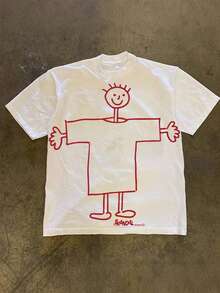 Playera unisex estilo urbano con estampado gráfico tipo doodle, tela cómoda, corte holgado, cuello redondo, manga corta, ideal para primavera-verano y uso casual - Blanco - Ver 1