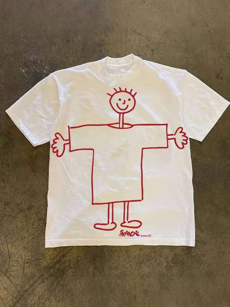 Playera unisex estilo urbano con estampado gráfico tipo doodle, tela cómoda, corte holgado, cuello redondo, manga corta, ideal para primavera-verano y uso casual - Blanco - Ver 1