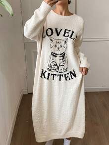 DAZY Loose Fit Cat Graphic Long Sleeve Knit Nightgown, Women Sleepwear Dress For Autumn/Winter, Moo Moo Night Dress Pajamas - White - View 3