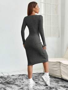 SHEIN PETITE Solid Ribbed Knit Bodycon Spring Women Dress - Dark Grey - View 2