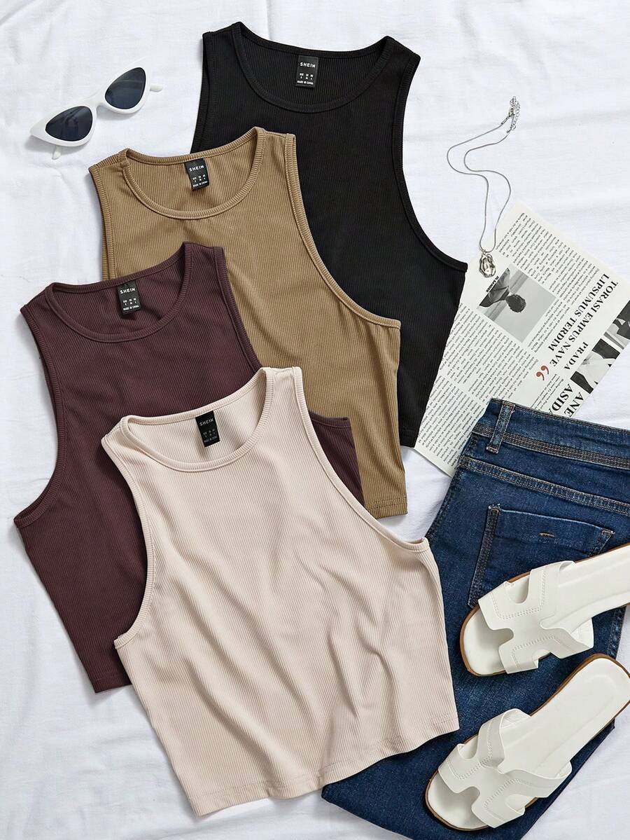 Femesol Women's Solid Color Minimalist Sleeveless Round Neck Ribbed Knit Tank Top,Beige Summer Casual Everyday Wear Basic Neutral Tops - Multicolor - View 1