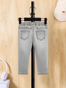 SHEIN Calça Jeans Preta Lavada com Bolso e Rasgos para Bebê Menino, Primavera Verão, Roupas de Verão para Bebê Menino, Calça Jeans Rasgada para Bebê Menino