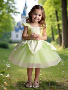 SHEIN Glamorique Kids Đầm lưới màu xanh lá cây cho bé gái, thích hợp dự tiệc, sinh nhật, đám cưới, lễ hội, trang phục trang trọng, phong cách thanh lịch, Trung Đông, Châu Âu - màu xanh lá - Xem 5