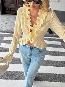 Pariaura Casual Sexy Ruffle Trim Tie Front Flare Sleeve Blouse Ruffle Blouse Ruffled Top Light Yellow Top Cream Blouse Sexy Blouses - Yellow - View 3