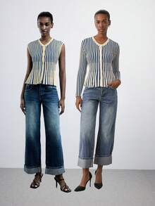 Maija Damski, jednorzędowy kardigan w paski z rozcięciem z przodu, odpowiedni do miejskich dojazdów, na co dzień, do biura, na elegancki strój, na zimowy sweter, na Boże Narodzenie, noworoczne przyjęcie i spotkanie, podstawowy ubiór wierzchni