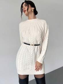 Firerie Women's Cream White Cable Knit Lantern Sleeve Sweater Dress,Elegant Crew Neck Mini Dress For Autumn,Casual Brunch,Work Outfit,Cozy Winter Clothing - Apricot - View 3
