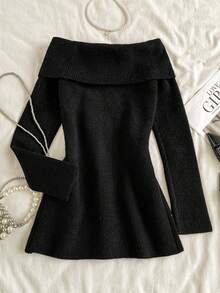 SHEIN Unity Vestido sexy para mujer con hombros descubiertos, con cuentas y lentejuelas - Negro - Ver 2