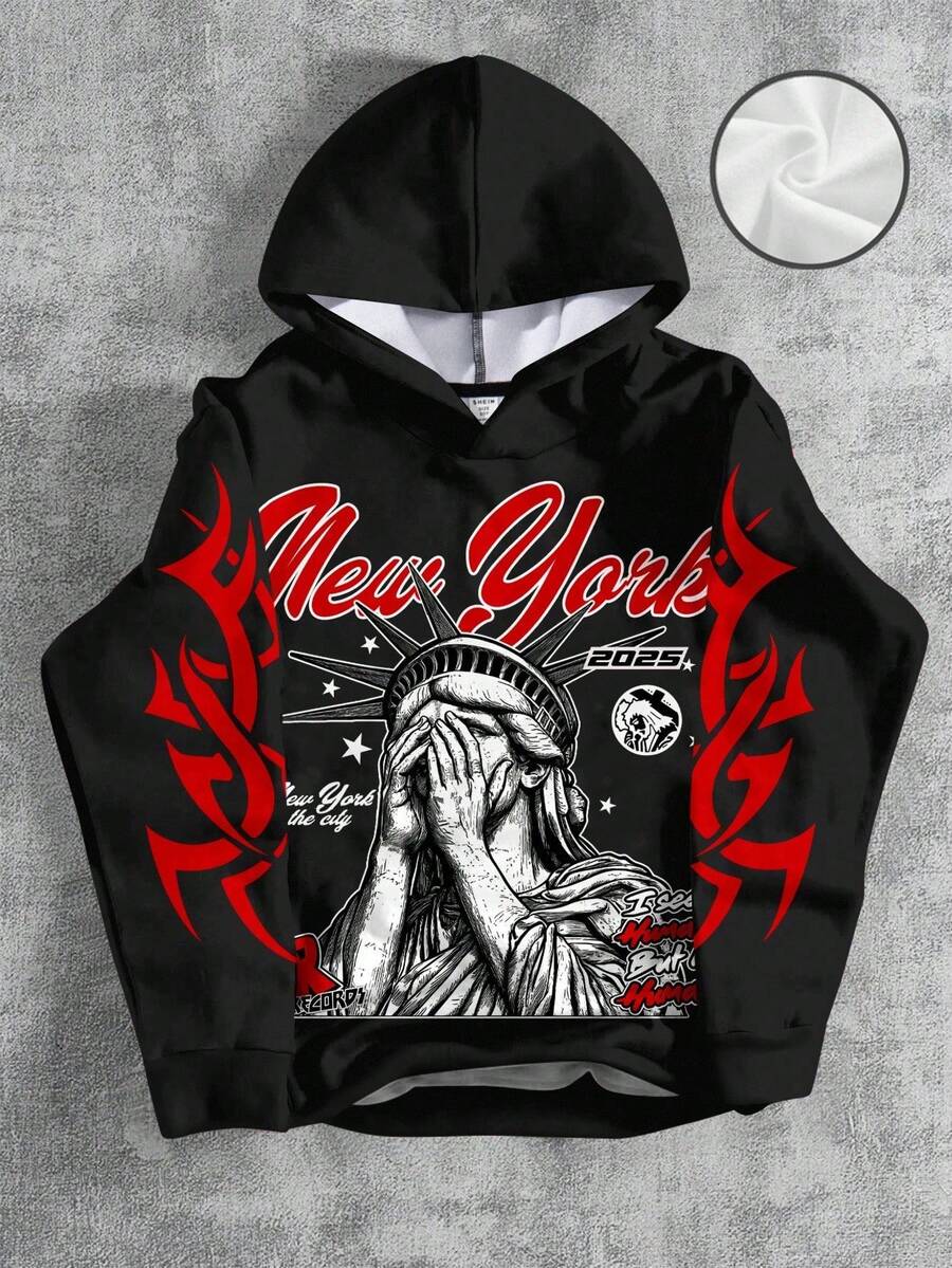 SHEIN Tween Boy Casual Comfortable Graphic Print Hooded Loose Knit Sweatshirt New York Sweatshirt Boys Graphic Sweatshirt Y2k New York Sweatshirt Black And Red Sweatshirt Letter & Number 09 With Statue Graphic Print Casual Minimalist Sweatshirt, American Street Style Design Pullover Sweatshirt New York Sweatshirt, New York Sweatshirt, Graphic Sweatshirts Streetwear, Black Graphic Sweatshirts, Fall - Black - View 1