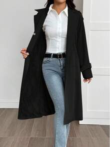 SHEIN PETITE 女士休闲日常通勤简约纯色保暖风衣，秋冬款 - 黑色 - 查看 10