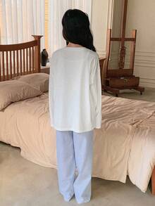 DAZY 2件套/套 少女圆领针织印花长袖T恤+条纹长裤家居服套装，秋季 - 藍色 - 查看 5