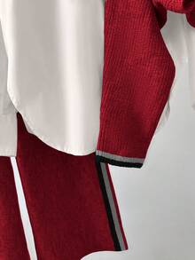 Lyxana Women's Dark Red Autumn Casual Lounge Knit Two Pieces Set,Unique Niche Cross Long Sleeve Knit Sweater Top&Striped Wide-Leg Pants,Loose Design Sense - Multicolor - View 3