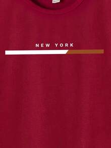 SHEIN Camiseta básica de color borgoña con estampado de lema minimalista casual para niños preadolescentes - Burdeos - Ver 5